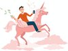 graphic of a man riding a pink unicorn